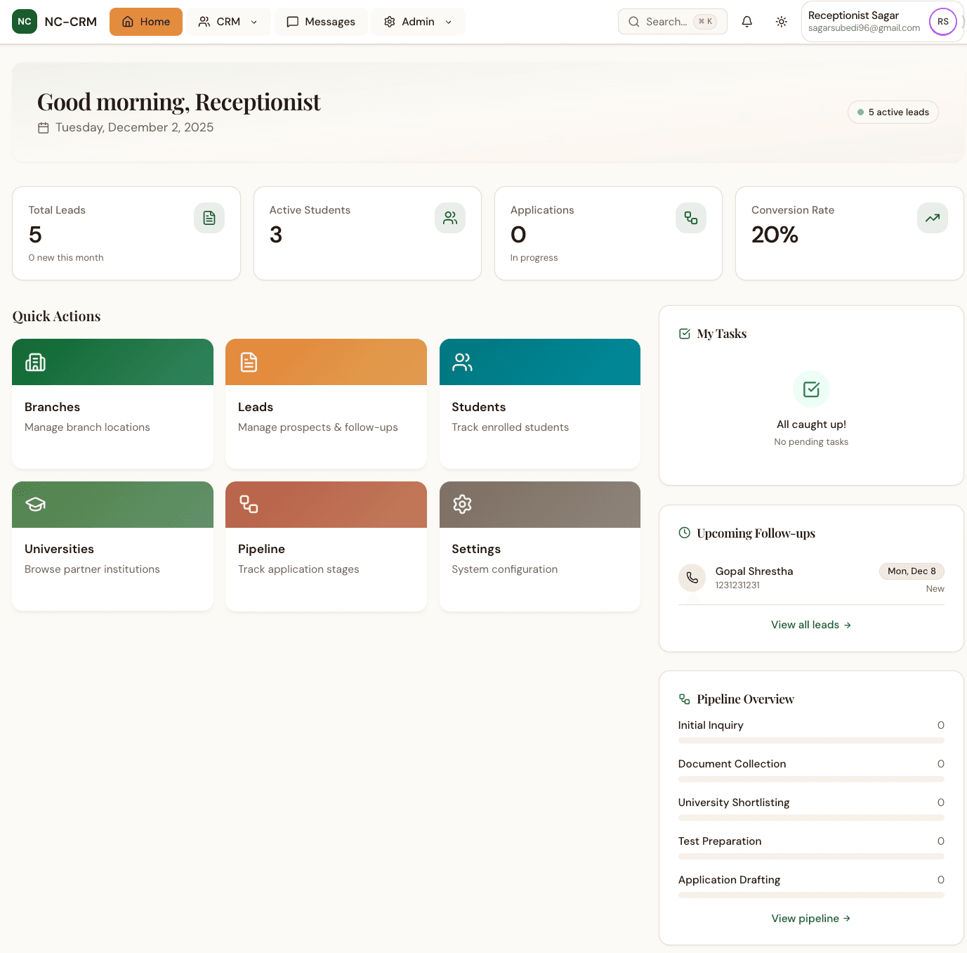 NC-CRM Dashboard - Student management, lead tracking, and application pipeline